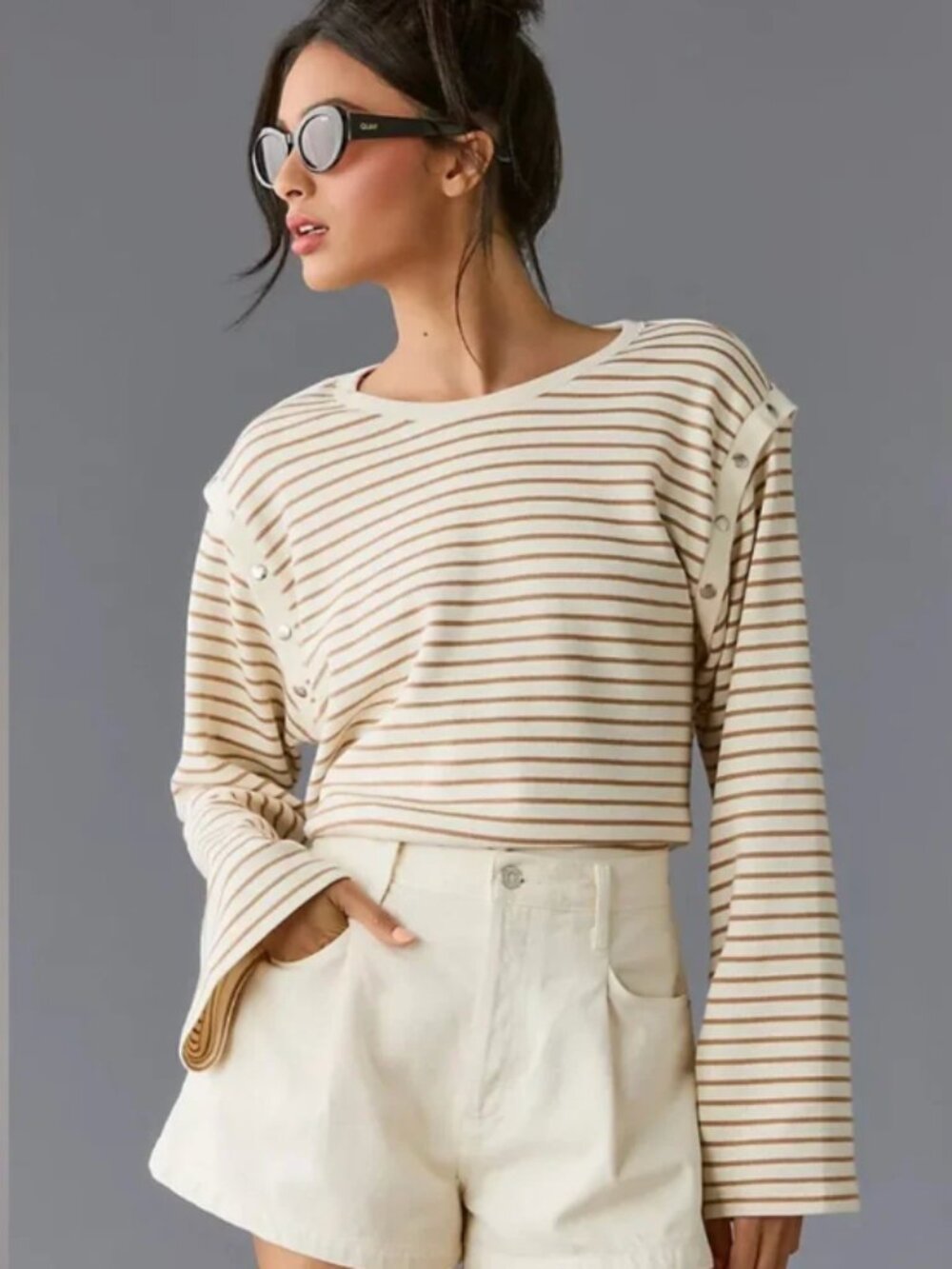 Maeve | Slouchy Striped Long-Sleeve Tee Lightweight Sweatshirt Cream & Tan Small